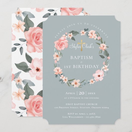 Invitation Aquarelle Rose Floral Wreath Baptême 1er anniversa (Devant / Derrière)