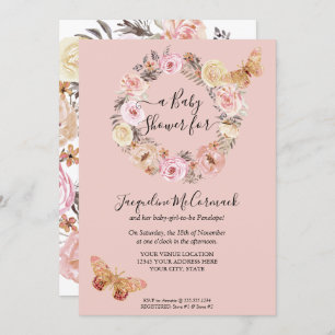 Invitation Aquarelle rose Floral Wreath Butterfly Baby Girl