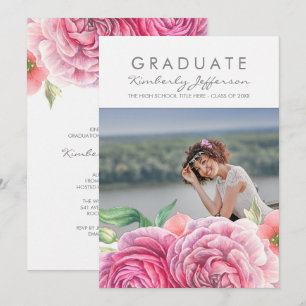 Invitation Aquarelle rose florale Élégante graduation photo
