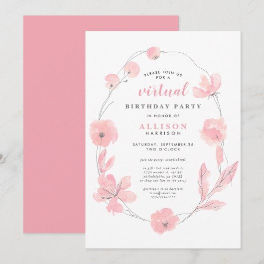 Invitation Aquarelle rose florale fête d'anniversaire virtuel (Devant / Derrière)