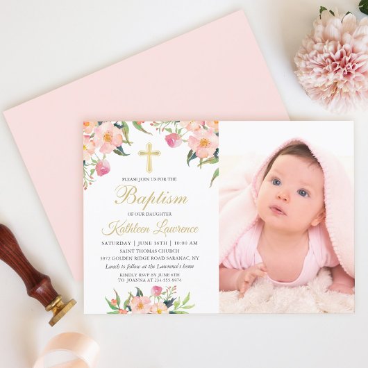 Invitation Aquarelle rose florale fille Baptême photo