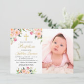 Invitation Aquarelle rose florale fille Baptême photo (Debout devant)