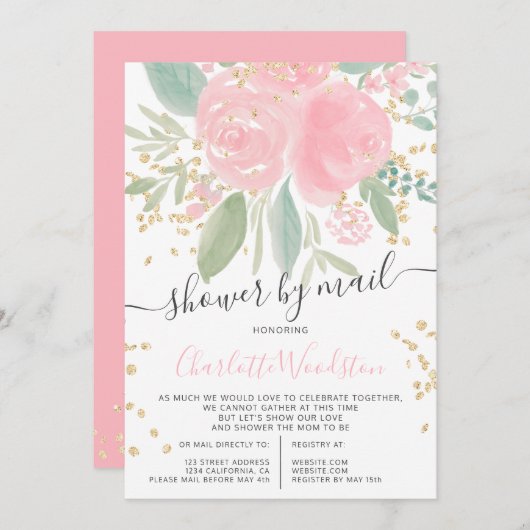 Invitation Aquarelle rose florale or baby shower par mail (Devant / Derrière)