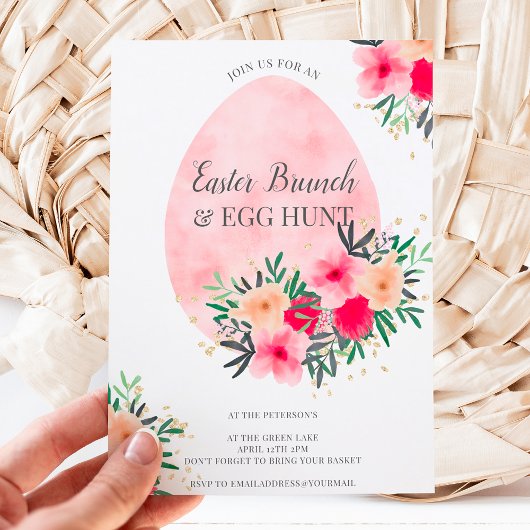Invitation Aquarelle rose florale or brunch de pâques chasse