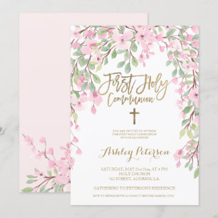 Invitation Aquarelle rose florale or Première communion saint