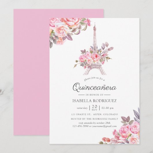 Invitation Aquarelle rose florale Paris thème Quinceañera (Devant / Derrière)