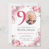 Invitation Aquarelle rose florale Photo 90e fête d'anniversai (Devant)