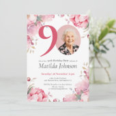 Invitation Aquarelle rose florale Photo 90e fête d'anniversai (Debout devant)