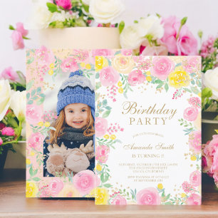 Invitation Aquarelle rose florale photo anniversaire de enfan