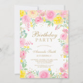Invitation Aquarelle rose florale photo anniversaire de enfan (Devant)