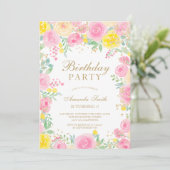 Invitation Aquarelle rose florale photo anniversaire de enfan (Debout devant)