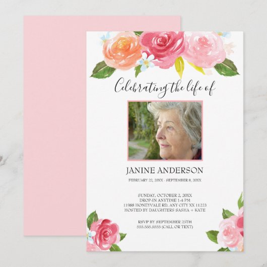 Invitation Aquarelle rose florale Photo de célébration de la  (Devant / Derrière)