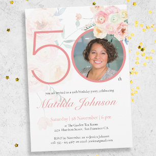 Invitation Aquarelle rose florale Photo personnalisée 50e ann