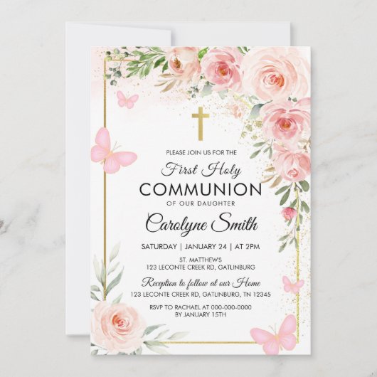 Invitation Aquarelle rose florale Première communion sainte (Devant)