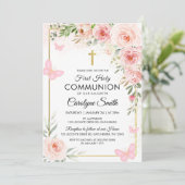 Invitation Aquarelle rose florale Première communion sainte (Debout devant)