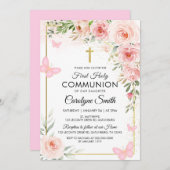 Invitation Aquarelle rose florale Première communion sainte (Devant / Derrière)