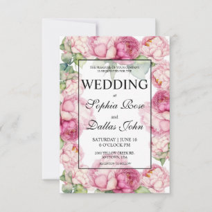 Invitation Aquarelle rose florales pink pivoines Mariage