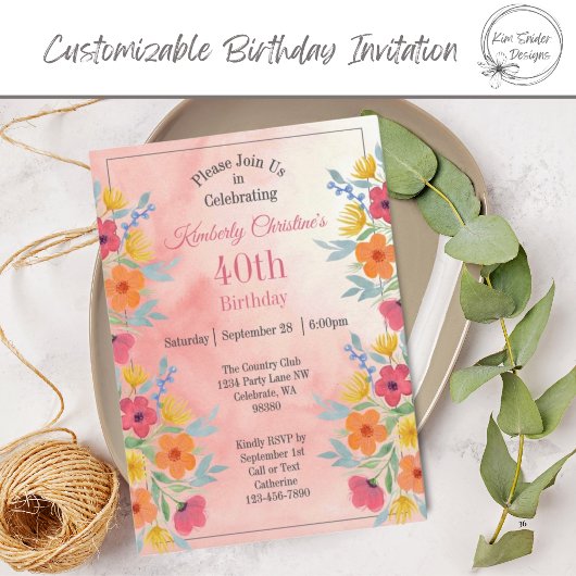 Invitation Aquarelle rose Florals 40e anniversaire