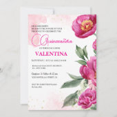 Invitation Aquarelle rose Fuchsia Floral or Quinceañera (Devant)