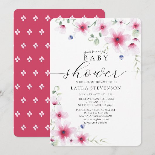 Invitation Aquarelle rose Fuchsia mignonne Fleurs lunaires (Devant / Derrière)