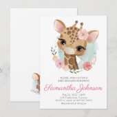 Invitation Aquarelle rose Giraffe Baby shower fille (Devant / Derrière)