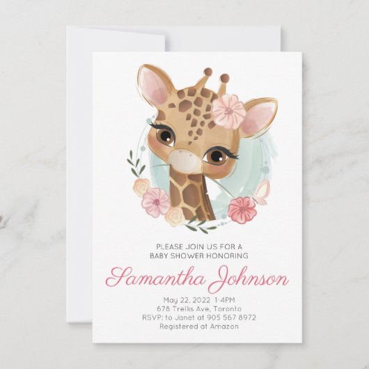 Invitation Aquarelle rose Giraffe Baby shower fille (Devant)