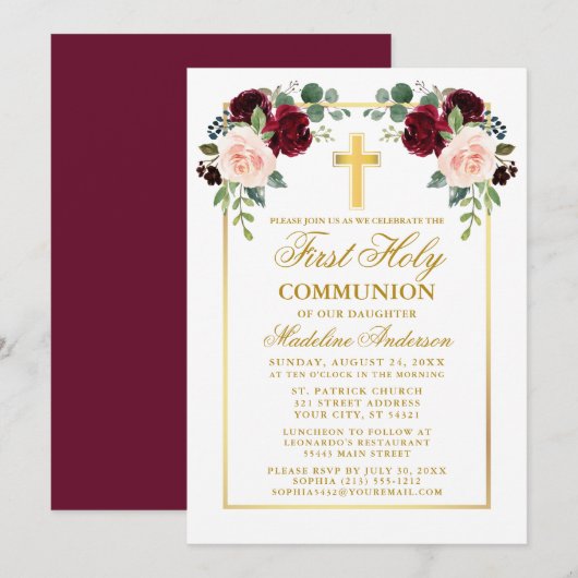 Invitation Aquarelle Rose Gold Bourgogne Première communion (Devant / Derrière)