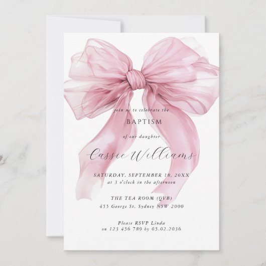 Invitation Aquarelle rose gros bow Baptême (Devant)
