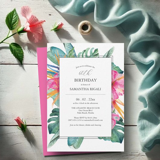 Invitation Aquarelle rose Hibiscus 60e anniversaire Invitatio