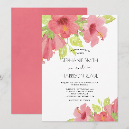 Invitation Aquarelle rose Hibiscus Floral Mariage (Devant / Derrière)