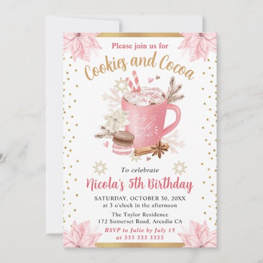 Invitation Aquarelle rose hiver Cookies et cacao Anniversaire (Devant)