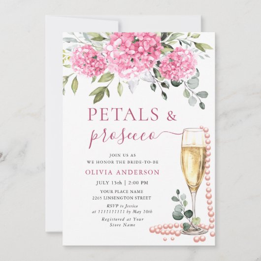 Invitation Aquarelle rose Hydrangea PETALS & Prosecco (Devant)