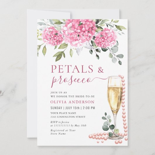 Invitation Aquarelle rose Hydrangea PETALS & Prosecco (Devant)