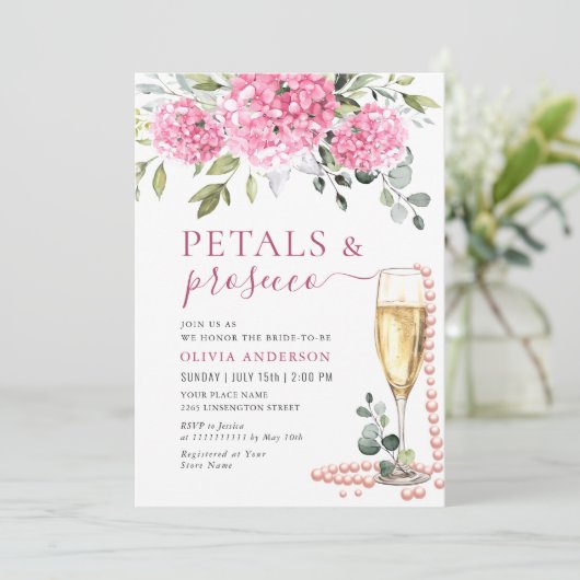 Invitation Aquarelle rose Hydrangea PETALS & Prosecco (Debout devant)