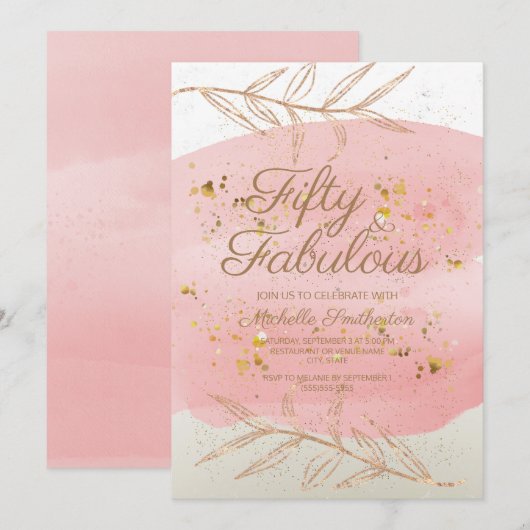 Invitation Aquarelle rose ivoire et poussière d'or 50e annive (Devant / Derrière)