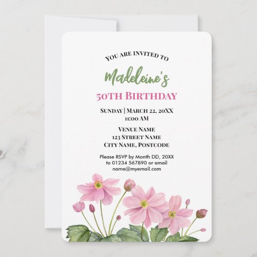 Invitation Aquarelle rose japonais Anémone Anniversaire (Devant)
