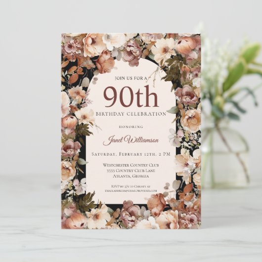 Invitation Aquarelle rose Jardin Arc floral 90e anniversaire (Debout devant)