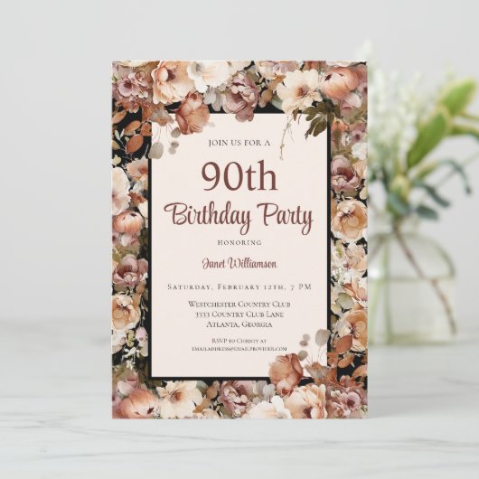 Invitation Aquarelle rose Jardin Floral 90e anniversaire (Debout devant)