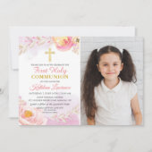 Invitation Aquarelle Rose Jardin Première Sainte Communion Ph (Devant)