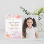 Invitation Aquarelle Rose Jardin Première Sainte Communion Ph (Debout devant)