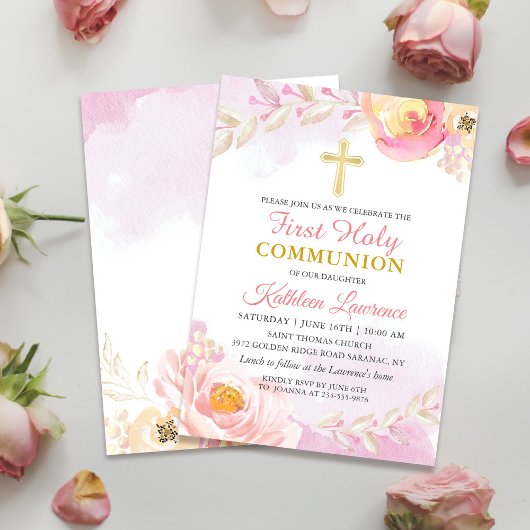 Invitation Aquarelle Rose Jardin Rose Première communion sain