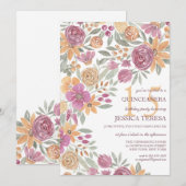 Invitation Aquarelle rose jaune doré Quinceañera (Devant / Derrière)