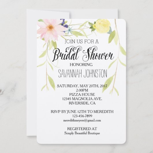 Invitation Aquarelle rose jaune Floral douche nuptiale (Devant)
