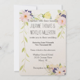 Invitation Aquarelle rose jaune Mariage Floral