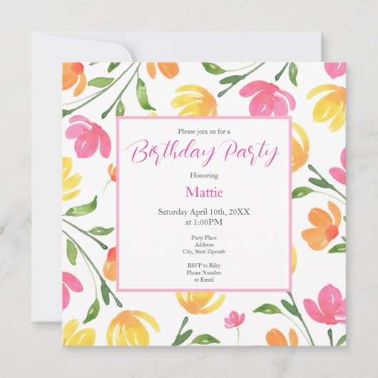 Invitation Aquarelle rose jaune orange Motif de tiges florale (Devant)