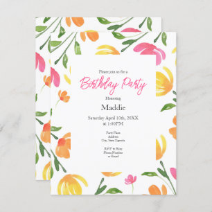Invitation Aquarelle rose jaune orange Motif de tiges florale
