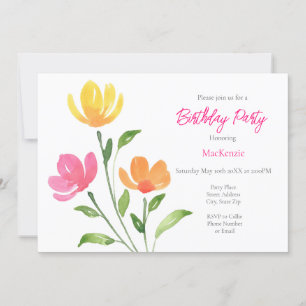 Invitation Aquarelle rose jaune orange tiges florales