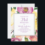 Invitation Aquarelle rose jaune violet Floral 21e anniversair<br><div class="desc">Botanique fleurie violette, jaune et rose à l'aquarelle 21e anniversaire invitation aux femmes. Le texte et les polices sont entièrement personnalisables avec l'outil de design de Zazzle, donc concevez vos invitations pour n'importe quel âge et de la façon que vous voulez. Contactez-nous pour obtenir de l'aide sur la personnalisation ou...</div>