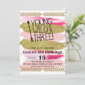 Invitation Aquarelle rose Jeune sauvage et Trois 3e anniversa (Debout devant)