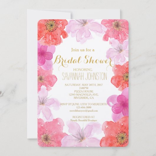 Invitation Aquarelle rose jolie Fête des mariées florale (Devant)